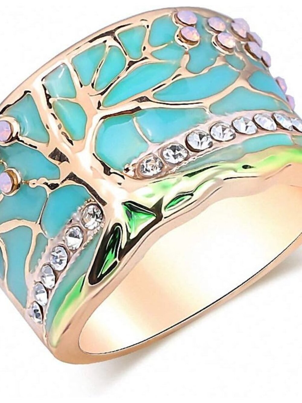 Lucky Flower Tree Rings Gold Pink Opal Green Enamel Wide Ring for Woman Party Cr - Picture 1 of 6
